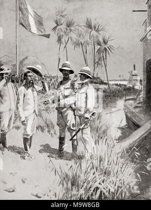 Generale Kitchener, sinistra, incontra grandi Marchand durante l'incidente di Fashoda o crisi, 1898. Maresciallo di Campo Horatio Herbert Kitchener, primo Earl Kitchener,1850 - 1916. Senior ufficiale dell'esercito britannico e amministratore coloniale. General Jean-Baptiste Marchand, 1863 - 1934. Il francese ufficiale militare e di explorer in Africa. Da Hutchinson nella storia delle nazioni, pubblicato 1915 Foto Stock