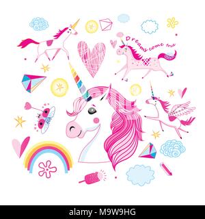 Vector cartoon set di unicorns e oggetti favolosi. Modello per la progettazione delle figurine di poster. Illustrazione Vettoriale