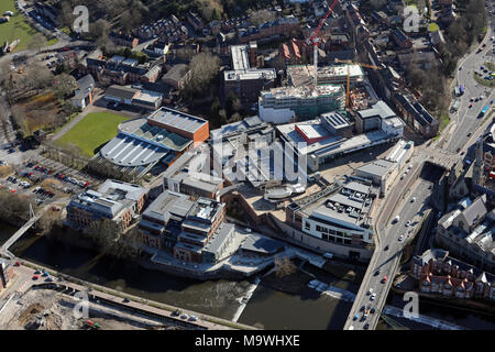 Vista aerea di HM Ufficio Passaporti Durham, Freeman's Quay Leisure Centre, Premier Inn etc, County Durham Foto Stock