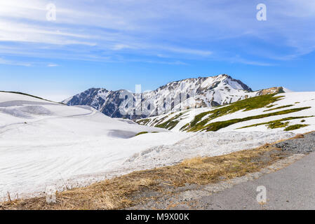 Viste del Tateyama Mountain Range a Murodo. Murodo è il punto più alto lungo la Tateyama Kurobe Route Alpino. Foto Stock
