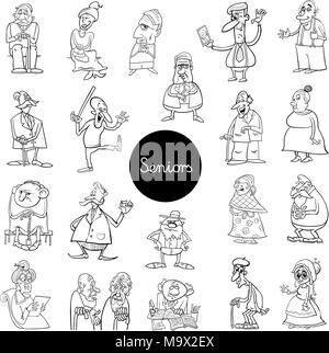 Bianco e Nero Cartoon illustrazione di uomini e donne Senior Caratteri grandi Set libro da colorare Illustrazione Vettoriale