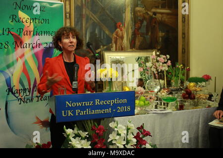 Londra, Regno Unito. 28 Mar, 2018. Anneliese Dodds MP, LONDRA, REGNO UNITO, 28/03/2018 - Cross-party & MPs i colleghi si sono uniti a membri della comunità Anglo-Iranian per Nowruz celebrazione nel Regno Unito il Parlamento mercoledì 28 marzo 2018 che condanna la repressione violenta e arbitraria di arresti di massa da parte delle autorità iraniane in risposta alle proteste popolari che ha avuto inizio lo scorso anno. Anneliese Dodds MP, è stato uno degli oratori della manifestazione. Credito: Siavosh Hosseini/Alamy Live News Foto Stock