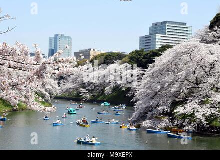 Tokyo, Giappone. 29 Mar, 2018. La gente di barca in un lago coperto con petali di fiori di ciliegio in Tokyo, Giappone, 29 marzo 2018. Credito: Ma Ping/Xinhua/Alamy Live News Foto Stock