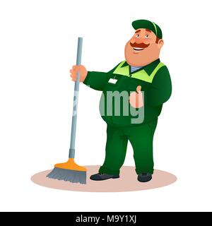Felice pulitore piatto in uniforme dal servizio di pulizia o la pulizia dell'ufficio. Funny cartoon bidello di mop e ok gesto. Grasso sorridente personaggio in tuta verde con la scopa. Colorata illustrazione vettoriale. Illustrazione Vettoriale