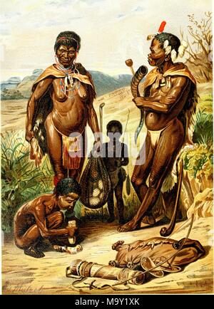 Illustrazione a colori raffigurante una famiglia africana, il gruppo padre appoggiata contro un solco di messa a terra a destra e indossa un capo, perizoma e piume e tenendo un avvisatore acustico, la madre, che indossa un capo, perizoma e vivacemente colorato collane, e in possesso di una borsa a rete con uova, guarda come un bambino accende un fuoco, l'altro bambino sta dietro di loro in background, un sacchetto, faretra e bow laici in primo piano, dal volume "Ridpath della storia universale: un conto dell'origine, primitiva condizione etnica e sviluppo di grandi gare di umanità e degli eventi principali del Evolutio Foto Stock