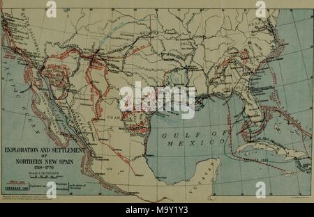 Illustrazione a colori raffigurante una mappa del centro e sud di porzioni di Stati Uniti e Cuba, Bahamas, e il Messico, con linee che indicano le caratteristiche fisiche quali fiumi e alcune regioni denominato, con la dizione "Esplorazione e insediamento del nord della Nuova Spagna 1518-1776, ' dal volume "Le Cronache di America Serie, ' edito da Allen Johnson, 1918. () Foto Stock