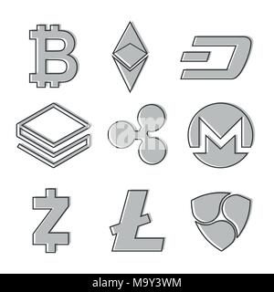 Set di icone cryptocurrency. Il design della linea di colore grigio. Vettore Illustrazione Vettoriale