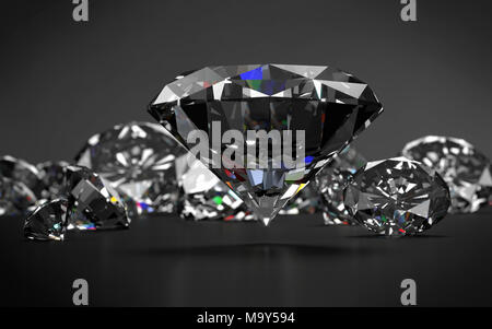 Diamanti su sfondo grigio scuro. Il rendering 3D. Foto Stock