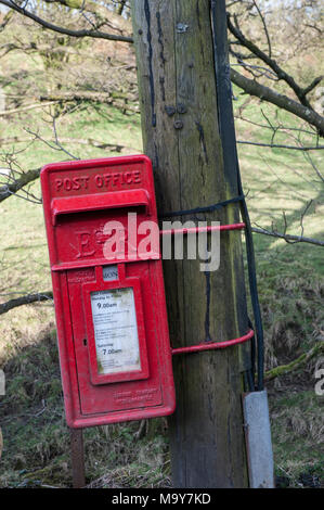 Casella di posta elettronica fissata al palo del telegrafo in campagna a maggiore Brock Mill, Bleasdale, Preston, Lancashire, Inghilterra, Regno Unito Foto Stock