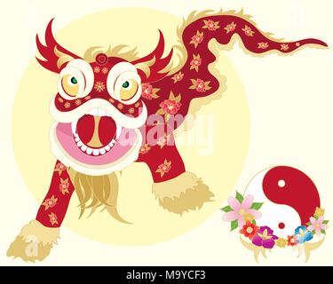 Una illustrazione di un cinese tradizionale dragon dance con simbolo yinyang e Fiori su fondo giallo chiaro Illustrazione Vettoriale