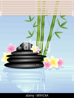 Una illustrazione di nero spa ciottoli con bambù e fiori di frangipani in poco profonde di acqua fresca con rafia cieco Illustrazione Vettoriale