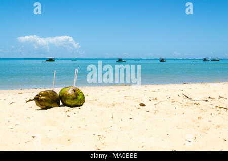 Coppia di noce di cocco verde insieme sulla spiaggia di sabbia in primo piano e sullo sfondo di un mare splendido con alcune imbarcazioni, canoe e un bellissimo cielo Foto Stock