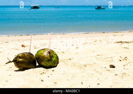 Coppia di noce di cocco verde insieme sulla spiaggia di sabbia in primo piano e sullo sfondo di un mare splendido con alcune barche e canoe Foto Stock