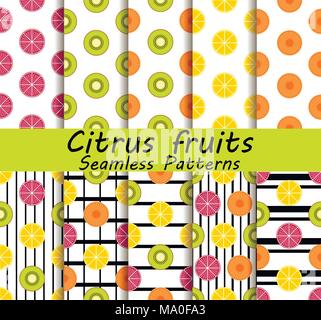 Agrumi seamless pattern impostato. Arancione, kiwi e limone. I frutti con strisce nere sullo sfondo. Illustrazione Vettoriale Illustrazione Vettoriale
