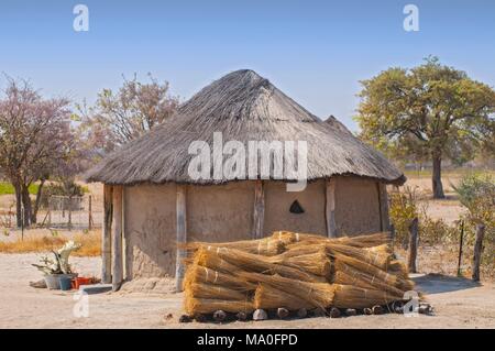 Tipica con tetto di paglia africana di capanna in Botswana. Foto Stock