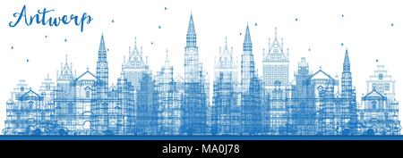 Delineare Anversa Belgio skyline della città con edifici di colore blu. Illustrazione Vettoriale. Viaggi di affari e di turismo con il concetto di architettura storica. Belgio Illustrazione Vettoriale