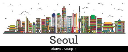 Delineare Seoul Corea del Sud dello skyline della città con edifici di colore isolato su bianco. Illustrazione Vettoriale. Seul Cityscape con punti di riferimento. Illustrazione Vettoriale