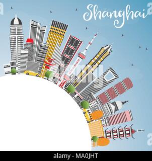 Cina Shanghai skyline della città con edifici di colore, il blu del cielo e spazio di copia. Illustrazione Vettoriale. Viaggi di affari e turismo Concept Illustrazione Vettoriale