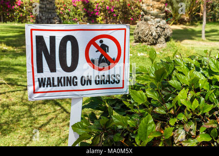 No camminando su erba segno di avvertimento nel giardino. Foto Stock