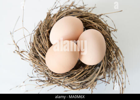 Tre uova nel nido, uova fresche per la colazione, festa di Pasqua Foto Stock