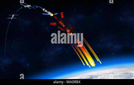 3D illustrazione della caduta della Cina Tiangong-1 stazione spaziale sul pianeta Terra. Una infografica di come la stazione spaziale cinese si sta disintegrando Foto Stock