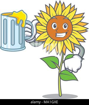 Con succo di mascotte di semi di girasole in stile cartone animato Illustrazione Vettoriale