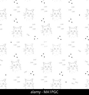 Doodle testa di gatto seamless pattern con pesciolini e punti. In bianco e nero di sfondo carino. Illustrazione Vettoriale. Illustrazione Vettoriale