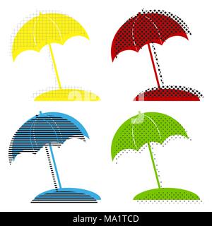 Ombrellone e sdraio segno. Vettore. Giallo, rosso, blu, verde le icone con le loro texture nera a sfondo bianco. Illustrazione Vettoriale