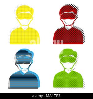 Uomo con maschera a pelo segno. Vettore. Giallo, rosso, blu, verde le icone con le loro texture nera a sfondo bianco. Illustrazione Vettoriale