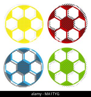 Pallone da calcio segno. Vettore. Giallo, rosso, blu, verde le icone con le loro texture nera a sfondo bianco. Illustrazione Vettoriale