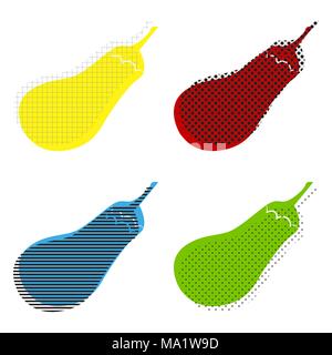Segno di melanzana. Ingrediente di insalate. Ortaggi sani. Vettore. Giallo, rosso, blu, verde le icone con le loro texture nera a sfondo bianco. Illustrazione Vettoriale