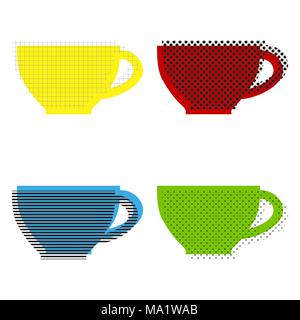 Tazza di segno. Vettore. Giallo, rosso, blu, verde le icone con le loro texture nera a sfondo bianco. Illustrazione Vettoriale