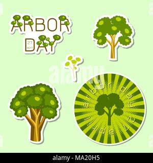 National Arbor Day. Adesivi per i partecipanti agli eventi. Testo Arbor Day sotto forma di alberi. Fasi di crescita. Silhouette di un albero. Testo circolare un nome Illustrazione Vettoriale