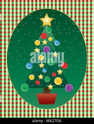 Una illustrazione di un patchwork di albero di Natale con i pulsanti colorati per le decorazioni a cucire stella d'oro e verde sfondo innevato su una festosa gin Illustrazione Vettoriale