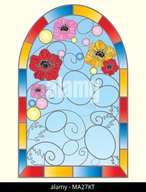 Una illustrazione di una bella vetrata con fiori di papavero in un disegno astratto con cielo blu Illustrazione Vettoriale