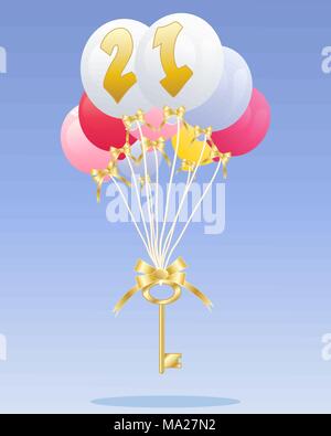 Una illustrazione di un gruppo di palloncini colorati con il numero 21 in oro flottante con una chiave d'oro su sfondo blu con spazio per il testo Illustrazione Vettoriale