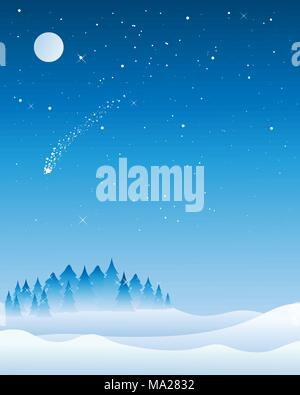 Una illustrazione vettoriale in formato eps formato 10 di un albero di Natale skyline in una fredda notte nevosa con abeti scintillanti sotto una luna piena Illustrazione Vettoriale