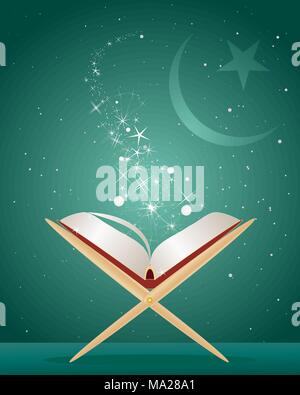 Una illustrazione vettoriale in formato eps formato 10 del santo Corano su un piedistallo aperto con luce e brilla di fronte una mezzaluna islamica la luna e le stelle Illustrazione Vettoriale