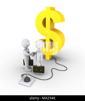3d simbolo del dollaro è collegato alla presa di corrente e di imprenditori agitare le mani Foto Stock
