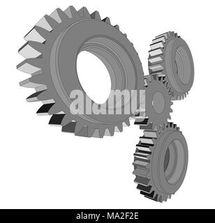 3d illustrazione di tre ingranaggi metallici. Sfondo bianco Foto Stock
