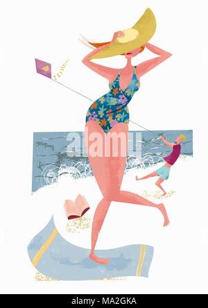 Una donna su una spiaggia di tenere su il suo cappello nel vento (illustrazione) Foto Stock