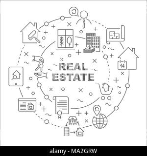 Illustrazione lineare per presentazioni a tutto tondo. Real estate theme. Corsa modificabile Illustrazione Vettoriale