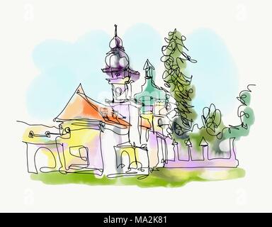 Digital pittura ad acquarello di piccola chiesa in Ucraina occidentale Illustrazione Vettoriale