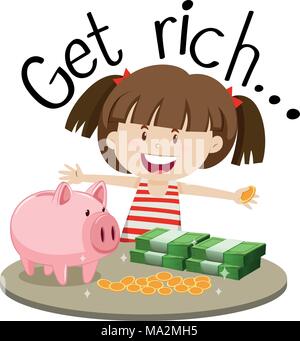 Frase inglese per diventare ricchi con fanciulla e denaro sul tavolo illustrazione Illustrazione Vettoriale