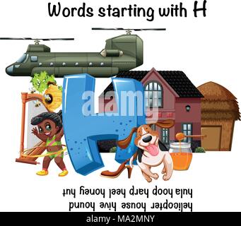 Foglio di lavoro per la lingua inglese le parole che iniziano con H illustrazione Illustrazione Vettoriale