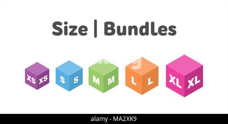 Dimensioni diverse icone bundle set. Letterale simbolo misurazione illustrazione vettoriale. Etichette da molto piccole a molto grandi. Illustrazione Vettoriale