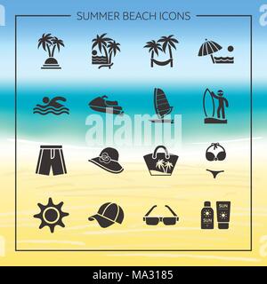 Beach Estate icon set. Viaggi, Turismo e vacanze icona illustrazione vettoriale. Illustrazione Vettoriale