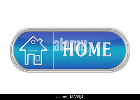 Oblunga del pulsante del volume di colore blu con l'icona e la scritta 'HOME', sfondo bianco Foto Stock