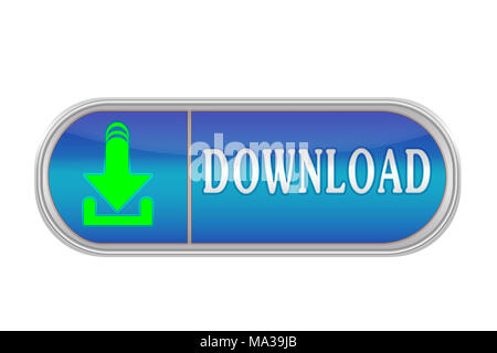 Oblunga del pulsante del volume di colore blu con l'icona e la scritta "download", sfondo bianco Foto Stock