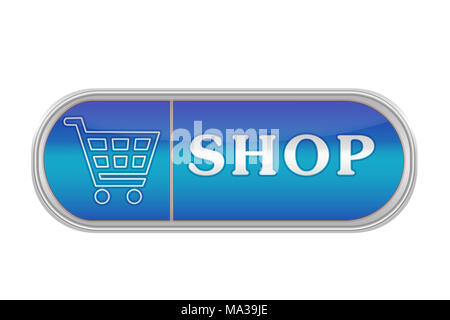 Oblunga del pulsante del volume di colore blu con l'icona e l'iscrizione "hop", sfondo bianco Foto Stock